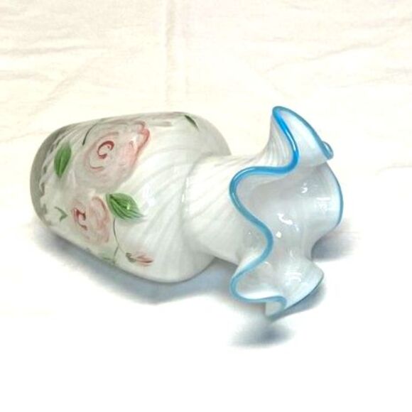 Fenton for Teleflora Cased Swirl Aqua Crest Hand Painted Ruffled Small Vase - Picture 8 of 12